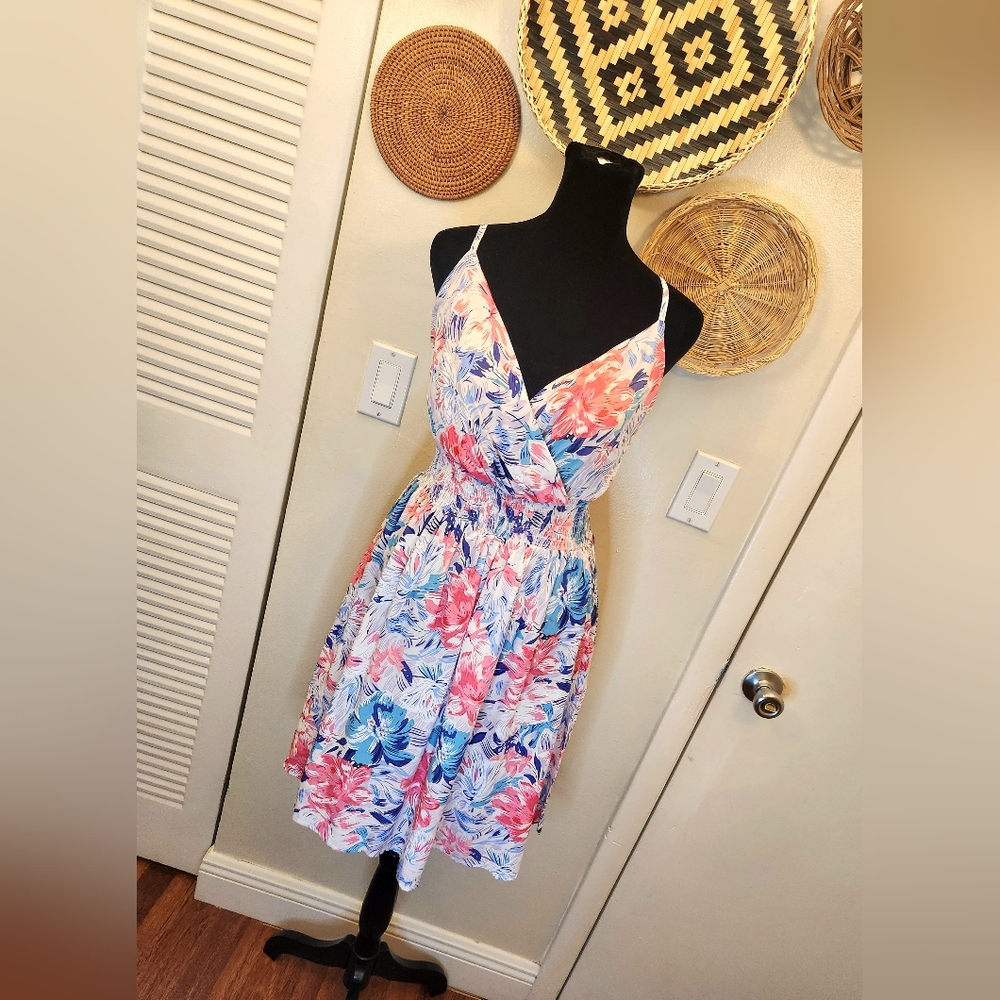 Pink And Blue Floral V-Neck Mini Dress